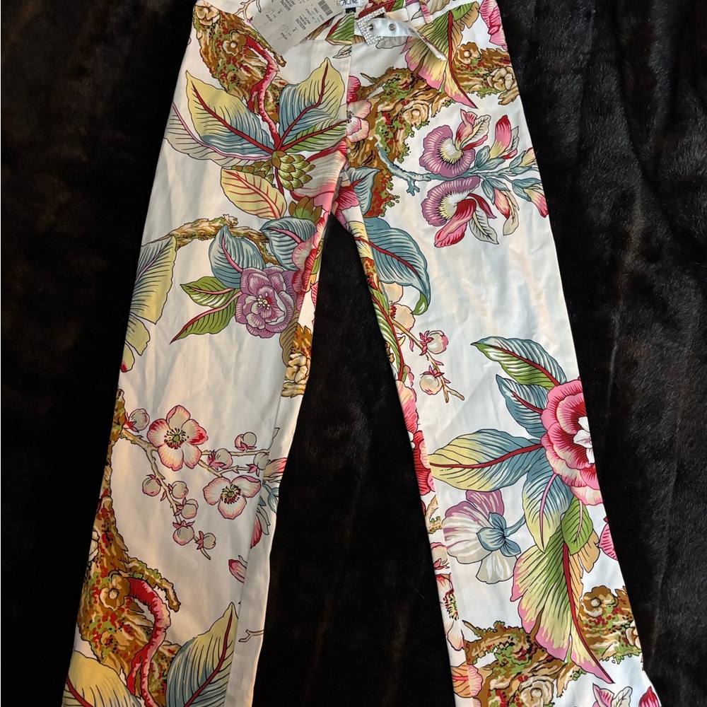 Cache Multicolor Floral Pants with Rhinestone Buckle size 0 NWT
